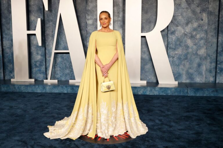 Sharon Stone looks gorgeous in caped dress for Vanity Fair Oscars after party