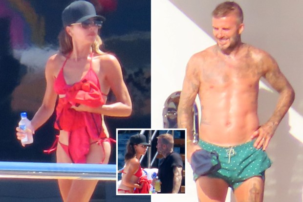 BECKS APPEAL Victoria Beckham looks absolutely incredible in red bikini as David flashes his six pack on £1.6m-a-week luxury yacht