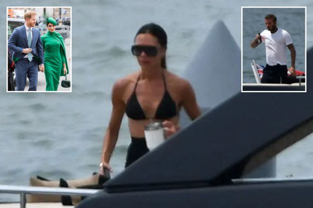 ALL HANDS ON BECK Victoria Beckham stuns in a black bikini as she and David relax on £5m yacht after