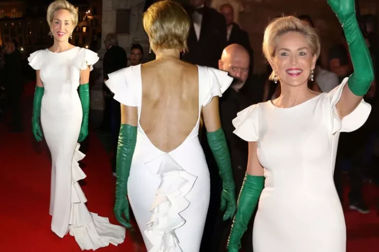 Sharon Stone looks glovely at 57 as actress sets off gorgeous white frock with emerald accessories