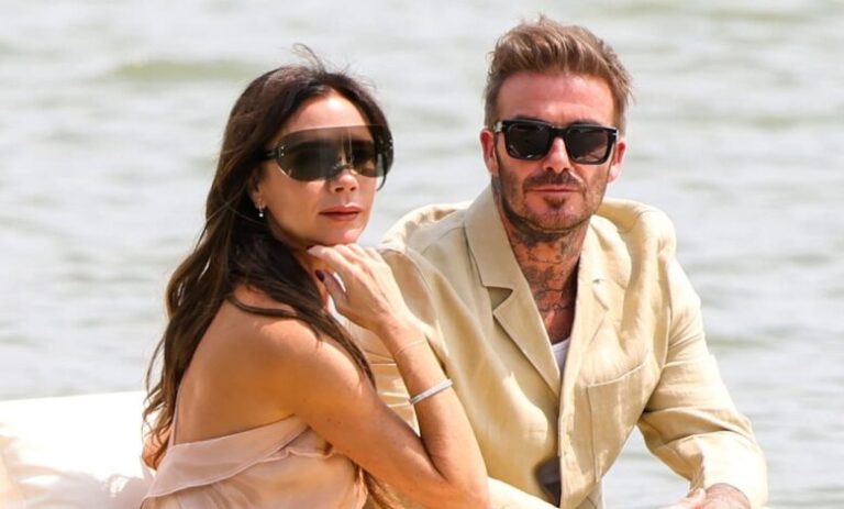 Victoria Beckham merged two of the most unexpected styles on the ‘row boat’ front row cuddling with Husband David Beckham