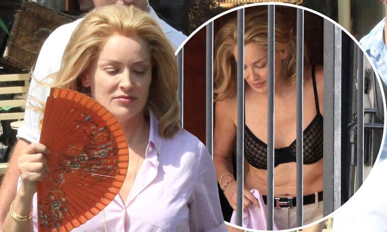 Sharon Stone endured a very hot and sticky day at the office yesterday as she strips down to her bra while filming