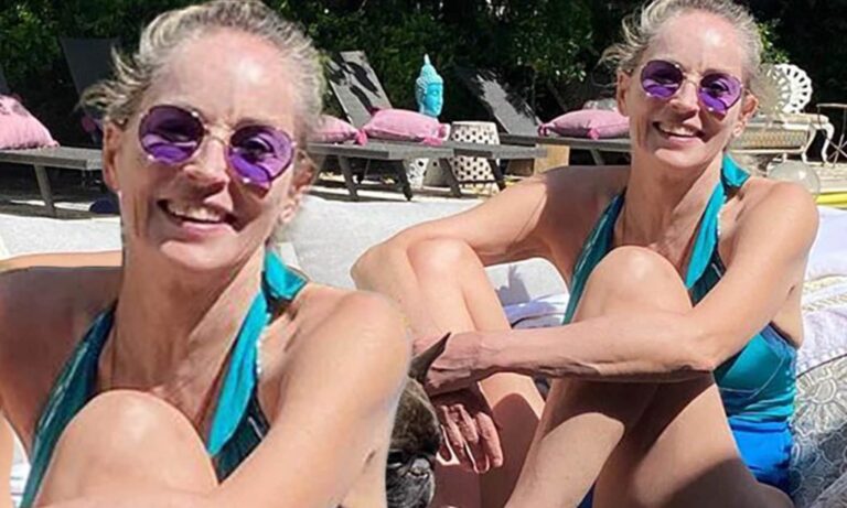 Sharon Stone, proves she still has a fit figure as she models a bathing suit